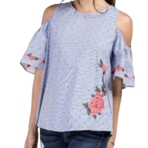 Blue Rain Hannah Dotted Striped‎ Cold Shoulder Peasant Embroidered Top Size Med